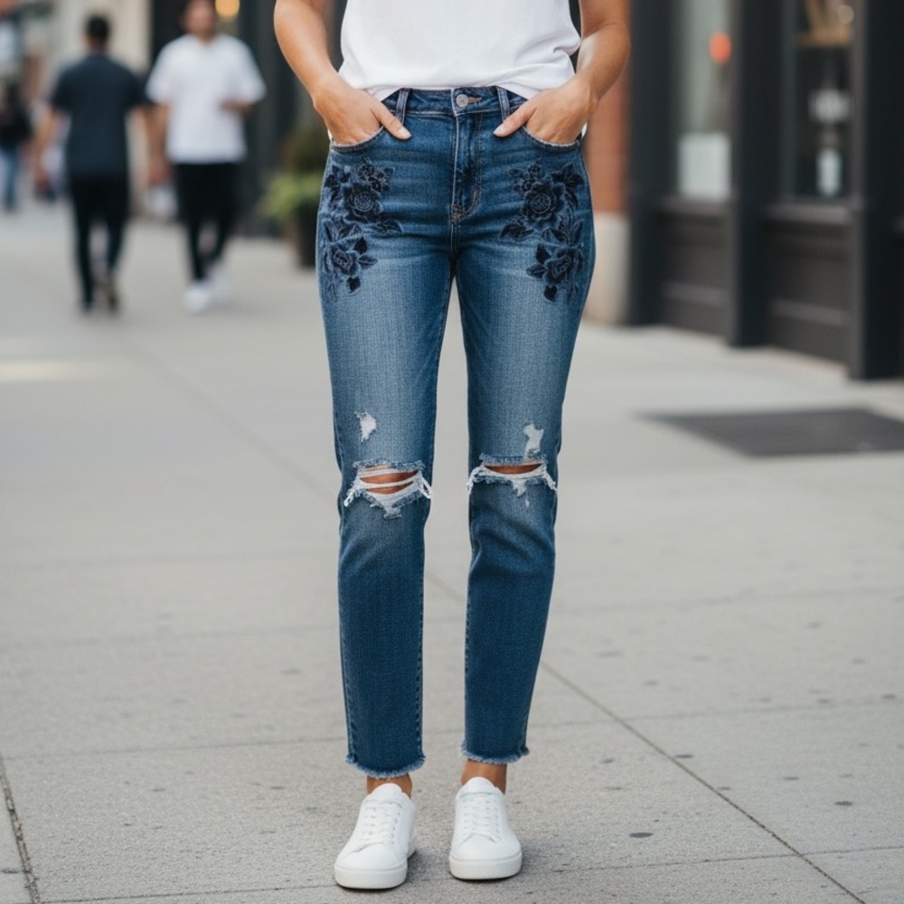 Abercrombie & Fitch Dark Blue High-Rise Embroidered Ripped Jeans